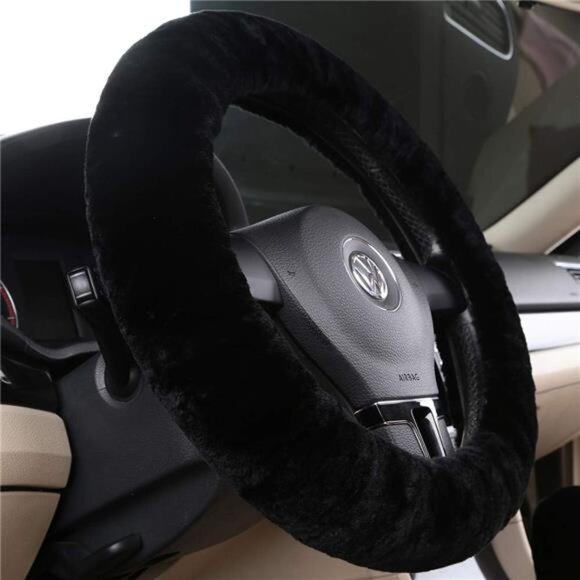 Fluffy Wool Sheepskin Fuzzy Black Car Steering Wheel Cover for Universal Auto - Picture 4 of 7